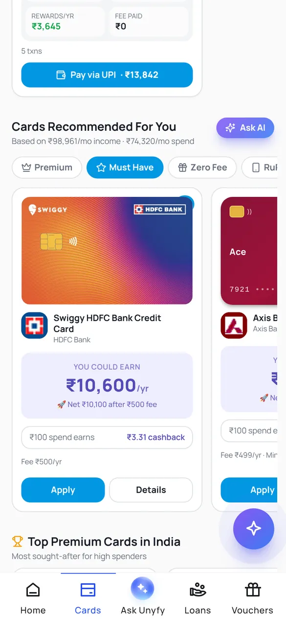 Cards recommended for you, showing a card with the yearly rewards it would earn on the user's spending after its fee