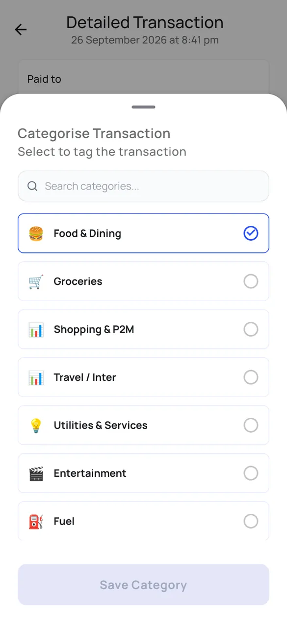 Categorise transaction sheet listing categories such as food and dining, groceries, shopping and utilities