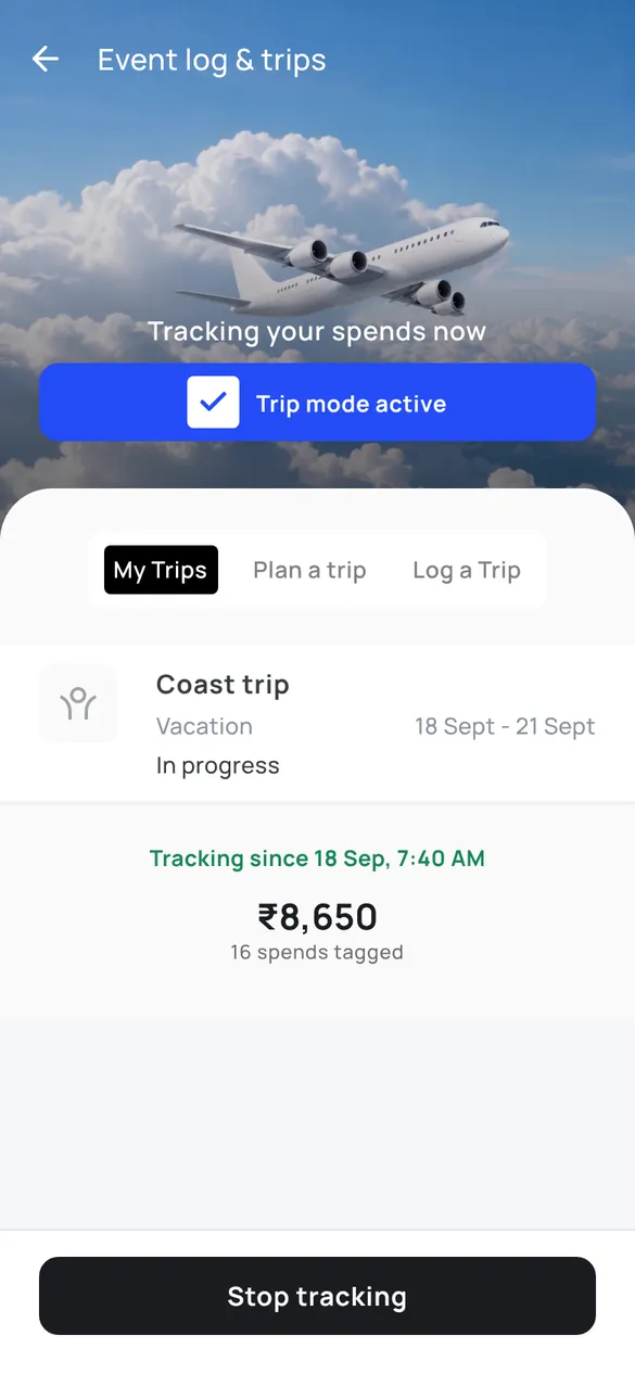 Trip mode active, tracking a coast trip with a running total and the number of spends tagged so far