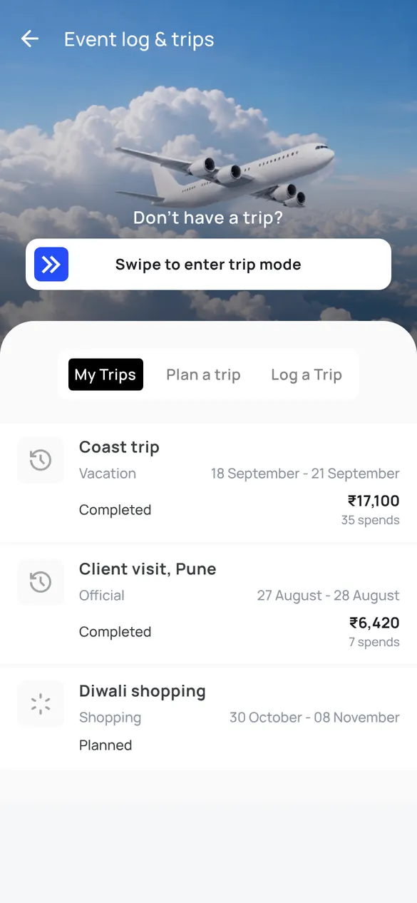 Unyfy Event log and trips screen with the Swipe to enter trip mode control and a list of completed and planned trips